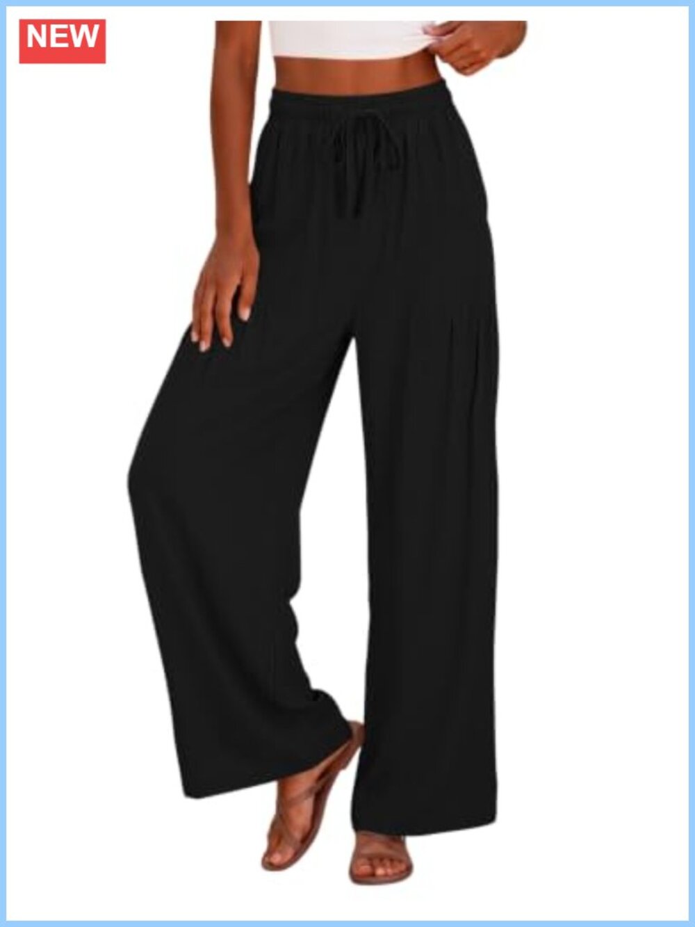 Cotton Linen Palazzo Pants Drawstring Elastic Waist Wide Leg Trousers